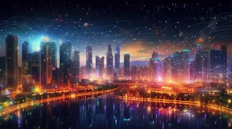 Premium AI Image | A cityscape with a cityscape and the night sky