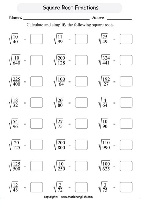 Square Root Math Worksheets