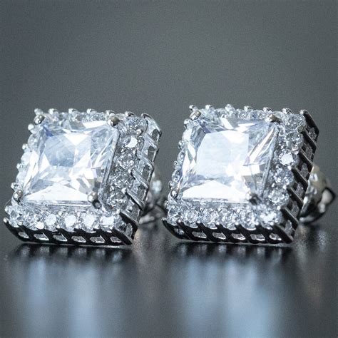 Mens Square Diamond Princess Cut Square Stud Earrings