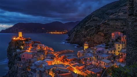 architecture, Building, Old building, Vernazza, Italy, Village, Cliff, Mountains, Sea, Clouds ...