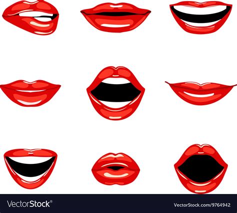 Set of red kissing and smiling cartoon lips Vector Image