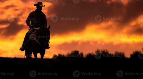 Silhouette of a person in the sunset. Silhouette of a cowboy during a glorious sunset. AI ...