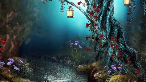 HD wallpaper: enchanted forest, lanterns, creek, flowers, evening, dusk | Wallpaper Flare