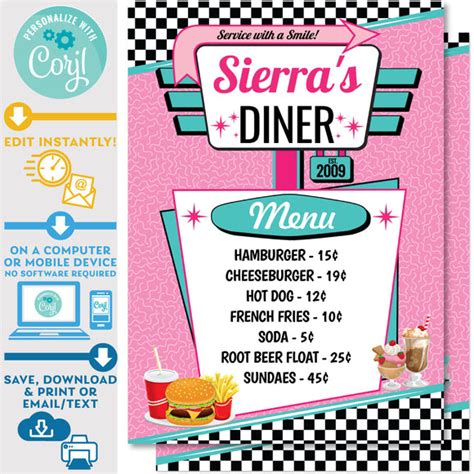 PRINTABLE 50s Diner Menu in Pink and Teal 5" x 7" – Invite Central