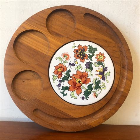 Vintage Wood Serving Tray with FLOWER Tile | Revival Vintage