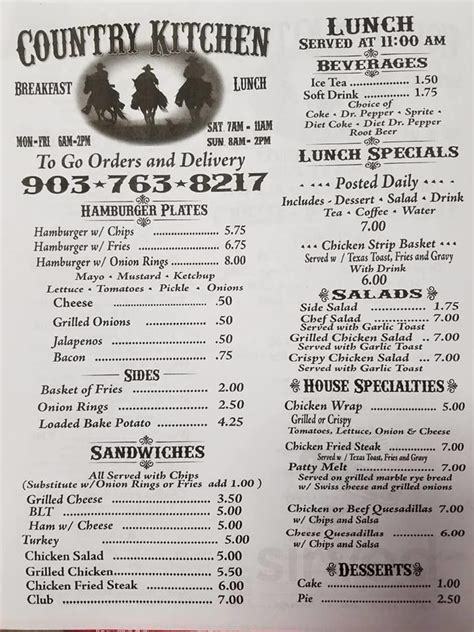 Country Kitchen menu in Quitman, Texas, USA