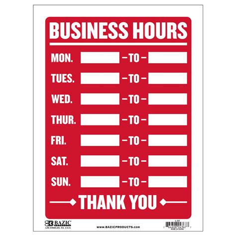 12" X 16" Business Hours Sign - Crown Office Supplies