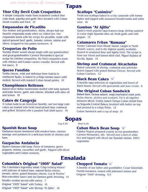 Menu at Columbia Restaurant, St. Augustine