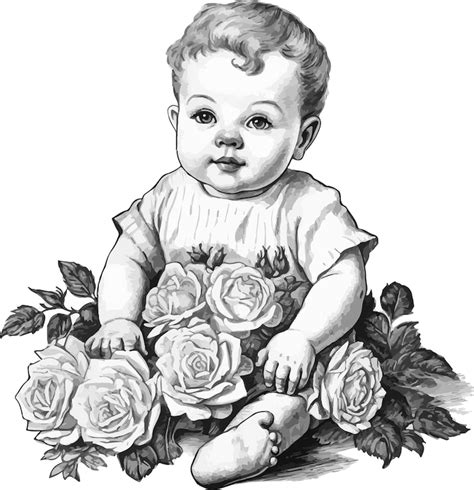 Premium Vector | Cute toddler surrounded by flowers vintage style drawing