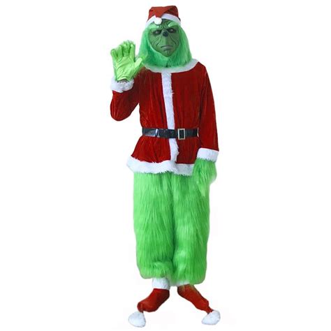 Grinch Costume For Men Christmas Deluxe Furry Adult Santa Suit Green ...