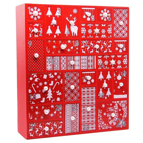 Juegoal Red Advent Calendar with 24 Drawers Countdown to Christmas, Refillable Wooden Advent, 15 ...