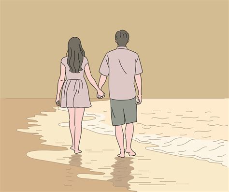 A couple of men and women are walking on the beach holding hands. hand drawn style vector design ...