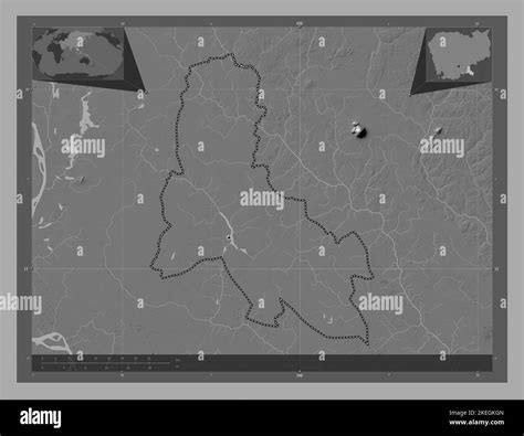 Svay Rieng, province of Cambodia. Bilevel elevation map with lakes and rivers. Corner auxiliary ...