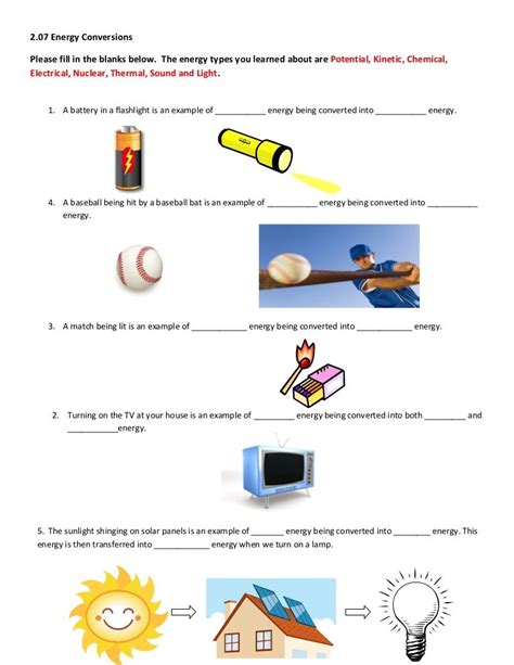 Energy Transformation Worksheets Grade 6