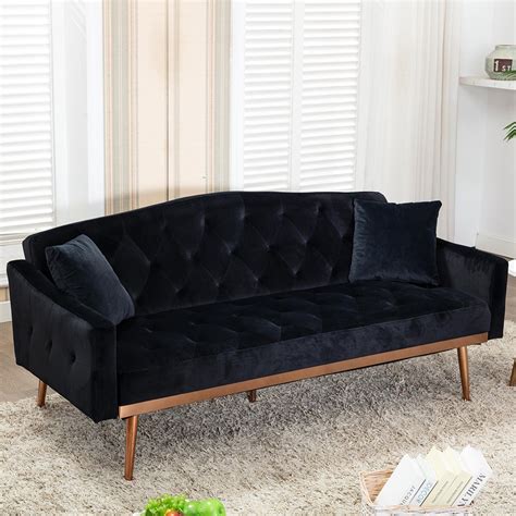 Veryke Convertible Velvet Futon Sofa Bed with Rose Golden Metal Feet, Modern Sleeper Couch for ...