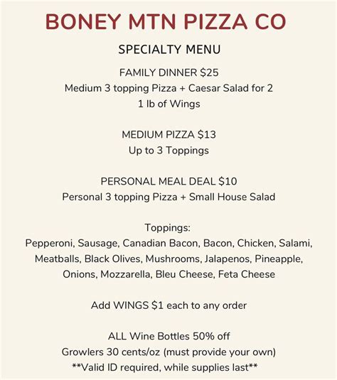 Menu at Boney Mountain Pizza Co. pub & bar, Thousand Oaks