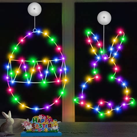 TURNMEON 2 Pack Easter Egg Bunny Window Lights Easter Decorations Battery Operated 45 LED Easter ...