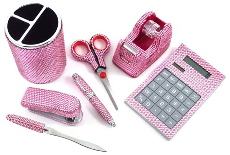 7 Piece Light Pink Crystal Office Supply Set Pen Scissors Calc ...