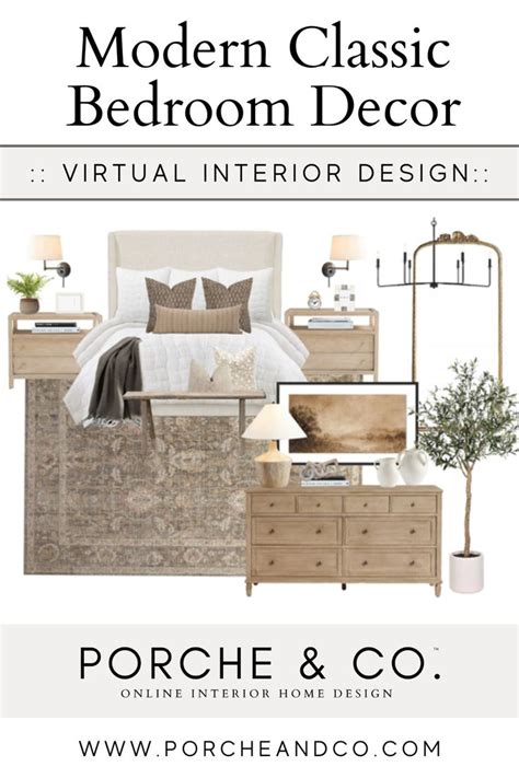 the modern classic bedroom decor is featured in this postcard for porche & co