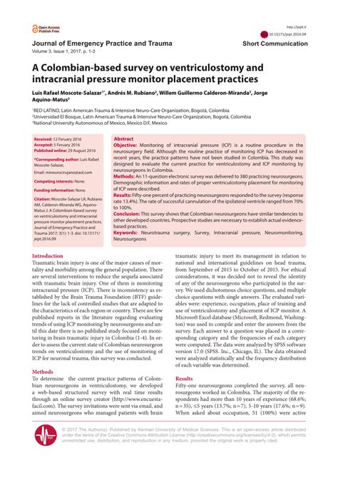 (PDF) A Colombian-based survey on ventriculostomy and intracranial pressure monitor placement ...