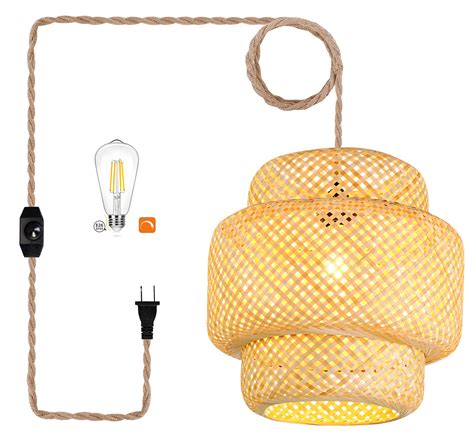 Rattan Plug in Pendant Light Bamboo Hanging Lights With Plug in Cord ...