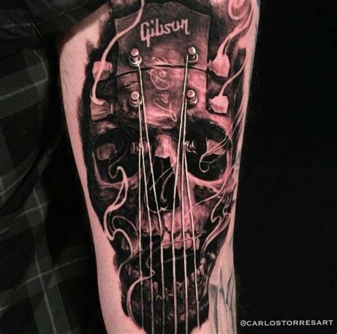 Tattoo by Carlos Torres | Gibson Skull Guitar | Tattoo Freakz Dad Tattoos, Music Tattoos, Skull ...