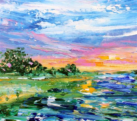 Marsh Sunrise landscape painting in oil palette knife impressionism on canvas fine art by Karen ...