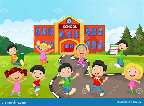 Happy School Children Cartoon in Front of School Stock Vector ...