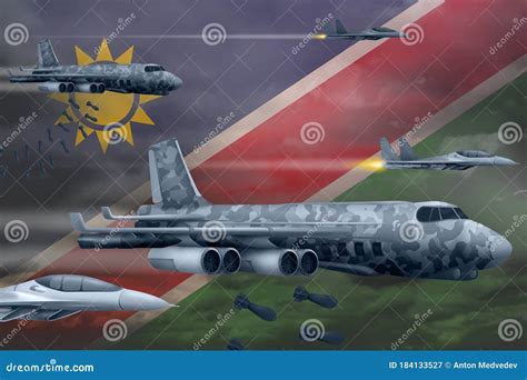 Namibia Air Forces Bombing Strike Concept. Namibia Army Air Planes Drop Bombs On Flag Background ...