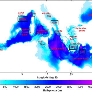 Geography and bathymetry map of the Mediterranean Sea. Main areas of ...