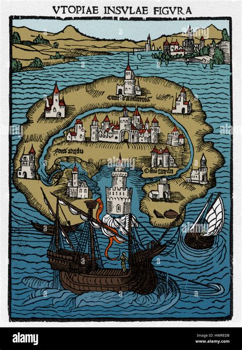 The Island of Utopia - from woodcut in Thomas More's Utopia. 1st Stock Photo: 136355223 - Alamy