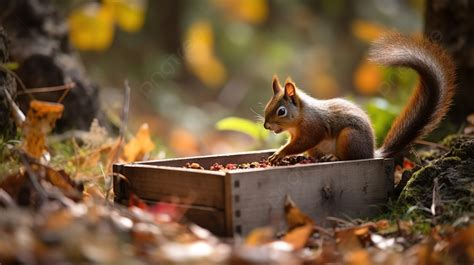 Red Squirrel Eating From Wooden Box During Autumn Season Background, Autumn, Squirrel Collecting ...