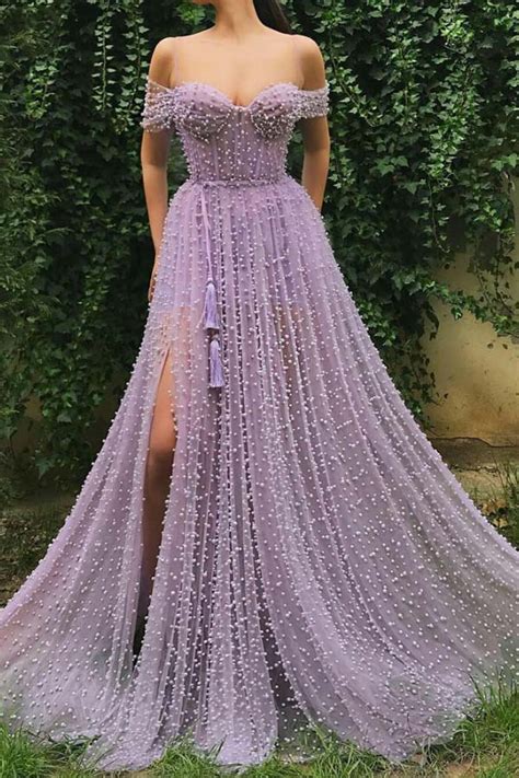 Beautiful Lavender Modest Tulle Pearl Spaghetti Straps Prom Dress with ...