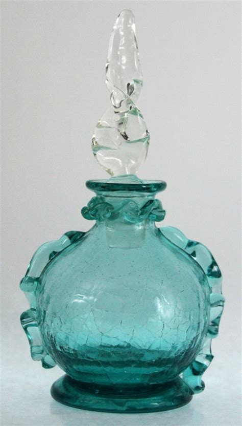 VINTAGE BLOWN CRACKLE GLASS PERFUME BOTTLE APPLIED MOLTEN DETAILS BLENKO? BLUE | Perfume bottles ...