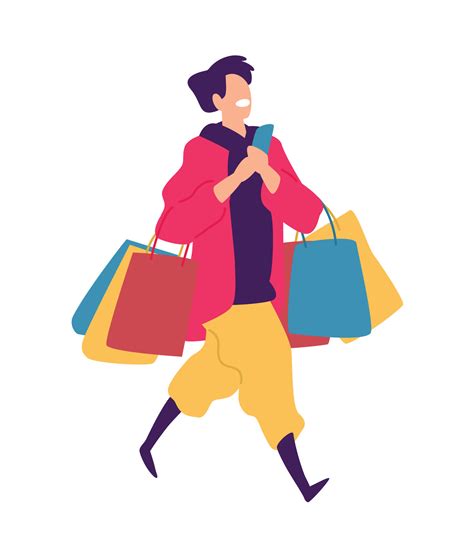 Illustration of a young guy with purchases. Vector. Positive flat ...