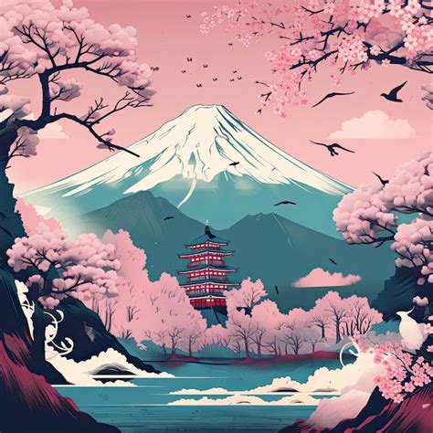 Premium AI Image | Mount Fuji cherry blossom and pagoda in Japan ...