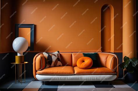Premium Photo | Orange leather sofa in living room with little furnishings against two tone walls