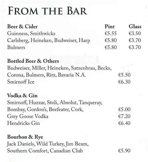 Menu at Writers Lounge pub & bar, Dublin