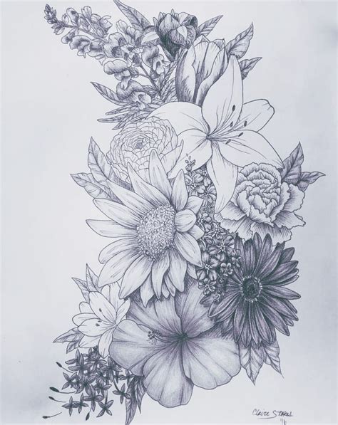 tattoo design for Floral shoulder piece; need 4 flowers (larkspur, carnation, chrysanthemum ...