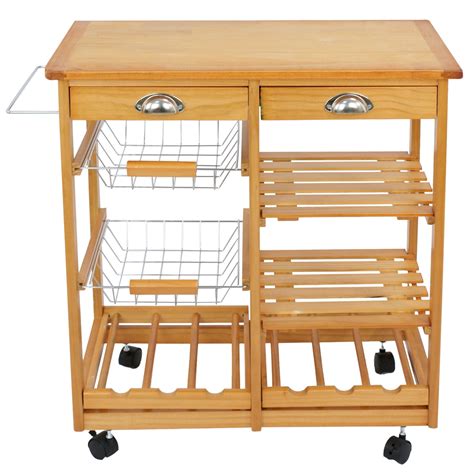 Wood Mobile Kitchen Trolley Storage Cart Island Rack With 2 Drawers & Basket - Walmart.com