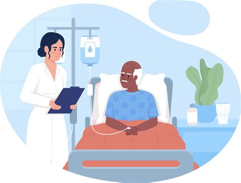 Doctor visiting senior patient in ward 2D vector isolated illustration. Medicine and treatment ...