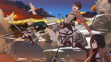 Attack On Titan Armin Arlert Eren Yeager Mikasa Ackerman Are Flying Near Birds And Blue Sky On ...