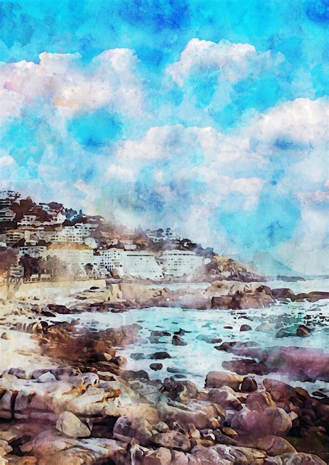 Sea and rocks watercolour painting Printable wall art | Etsy