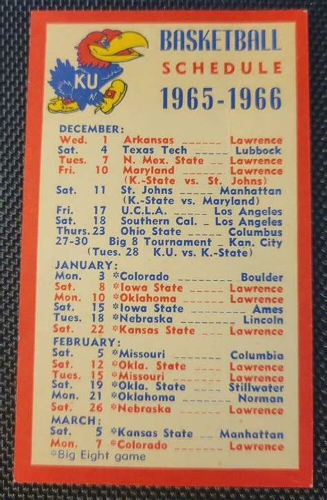 196566 UNIVERSITY OF KANSAS JAYHAWKS BASKETBALL SCHEDULE Vintage : Free ...