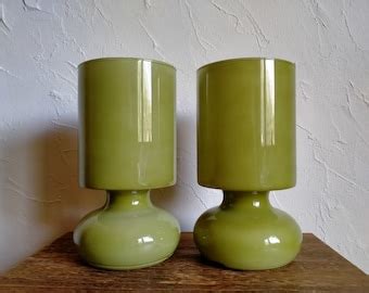 Ikea Lykta Moss Green Glass Mushroom Table Lamp, Rare Olive Green Glass Lamp, Khaki Handmade ...
