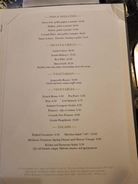 Menu at Wiltons Restaurant, London