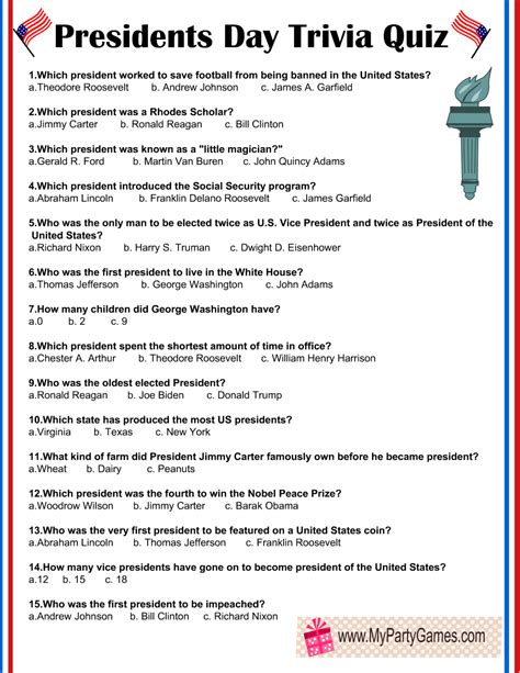 Free Printable Presidents Day Trivia Quiz with Answer Key