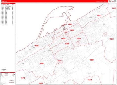 Erie Pennsylvania Zip Code Wall Map (Red Line Style) by MarketMAPS - MapSales