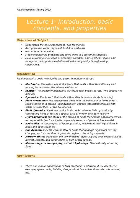 Fluid Mechanics lecture notes - Lecture 1: Introduction, basic concepts, and properties ...