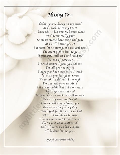 Missing You-sympathy Poem, Remembrance Poem, Funeral Poem, Bereavement Poem, Mother's Day Poem ...